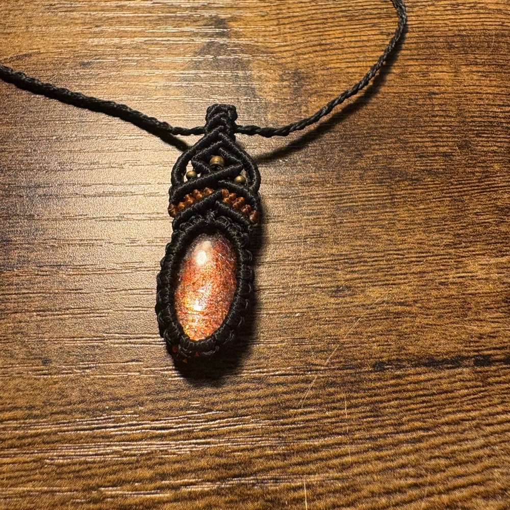 Handmade Black Macramé Necklace with Gorgeous Sunstone Pendant